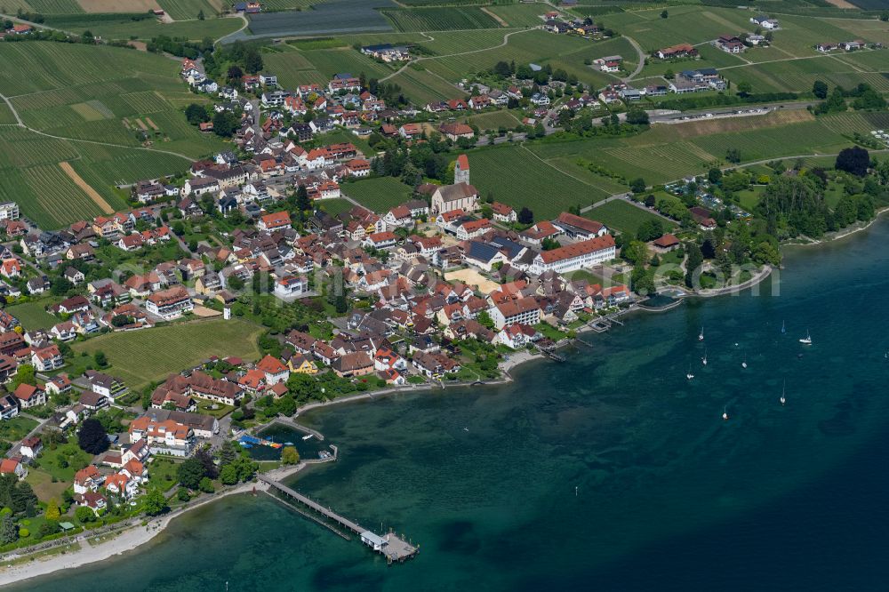 Hagnau am Bodensee from above - Running surfaces and construction of the pier over the water surface . in Hagnau am Bodensee in the state Baden-Wuerttemberg, Germany