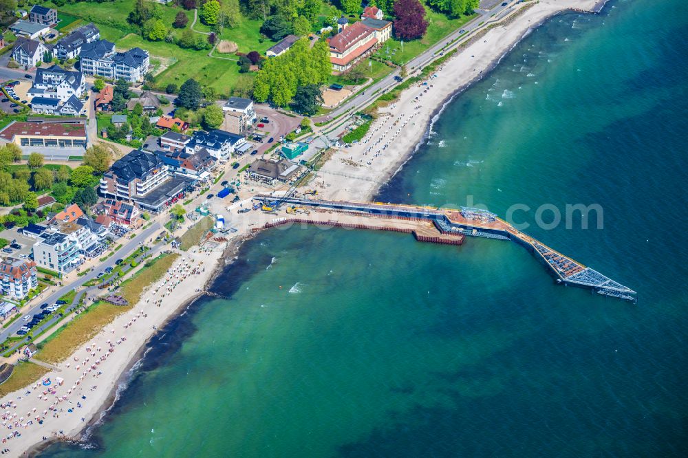 Scharbeutz from above - Running surfaces and construction of the pier over the water surface in Scharbeutz in the state Schleswig-Holstein, Germany