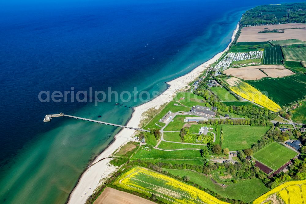 Schwedeneck from above - Treads and construction of the pier over the water surface on the Vossberg street in Schwedeneck in the state Schleswig-Holstein, Germany