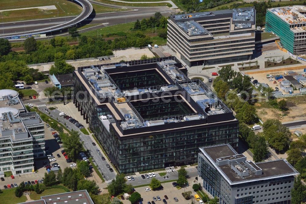 Aerial photograph Warschau - Konstruktorska Business Center in the Mokotow district of Warsaw in Poland. The office building with its glas facade and elaborate shape with two square courtyards is located on the Konstruktorska Street in the west of the district in a newly developed business district. It was designed by Epstein architects and completed in 2013