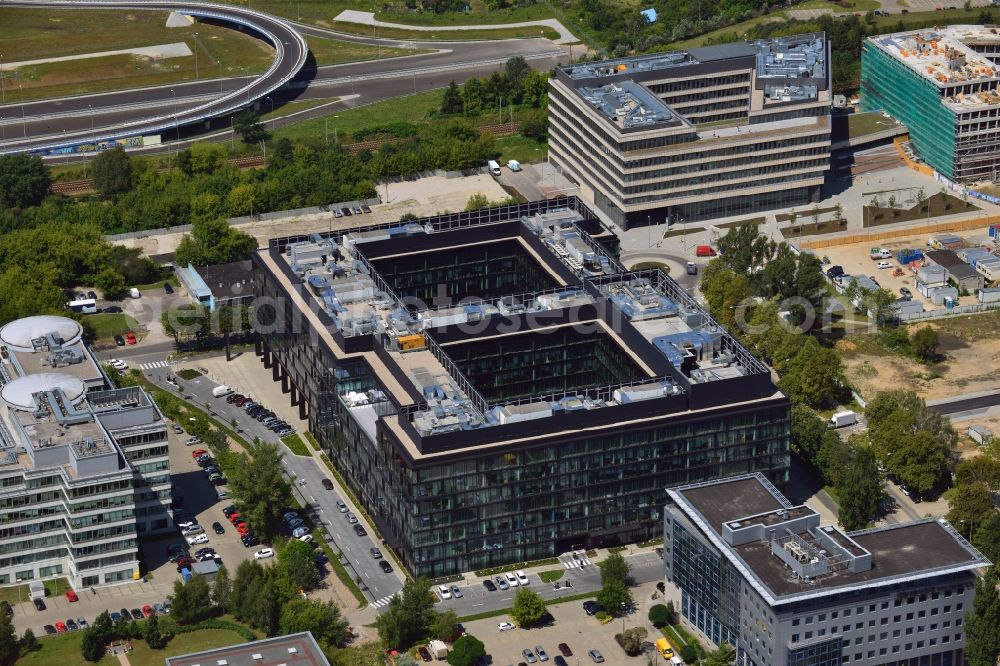 Warschau from above - Konstruktorska Business Center in the Mokotow district of Warsaw in Poland. The office building with its glas facade and elaborate shape with two square courtyards is located on the Konstruktorska Street in the west of the district in a newly developed business district. It was designed by Epstein architects and completed in 2013