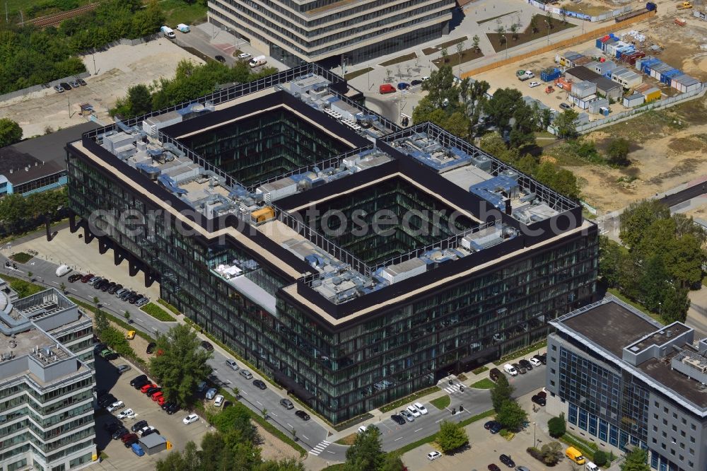 Warschau from above - Konstruktorska Business Center in the Mokotow district of Warsaw in Poland. The office building with its glas facade and elaborate shape with two square courtyards is located on the Konstruktorska Street in the west of the district in a newly developed business district. It was designed by Epstein architects and completed in 2013