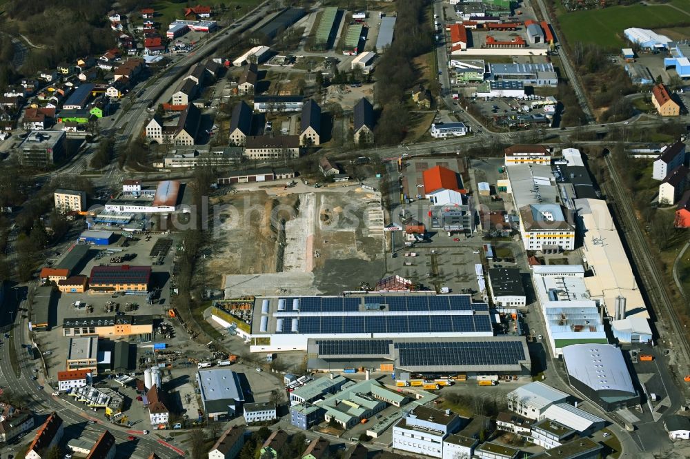 Kempten (Allgäu) from above - Construction site for the renovation and reconstruction of the building complex of the former military barracks Sport- and Freizeitzentrum in Kempten (Allgaeu) in the state Bavaria, Germany