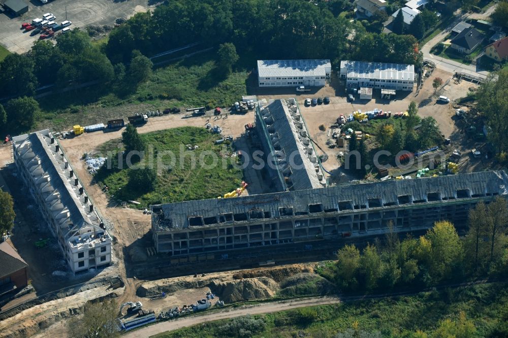 Bernau from above - Construction site for the renovation and reconstruction of the building complex of the former military barracks Sanierungsgebiet Panke-Park on Schoenfelder Weg in Bernau in the state Brandenburg, Germany