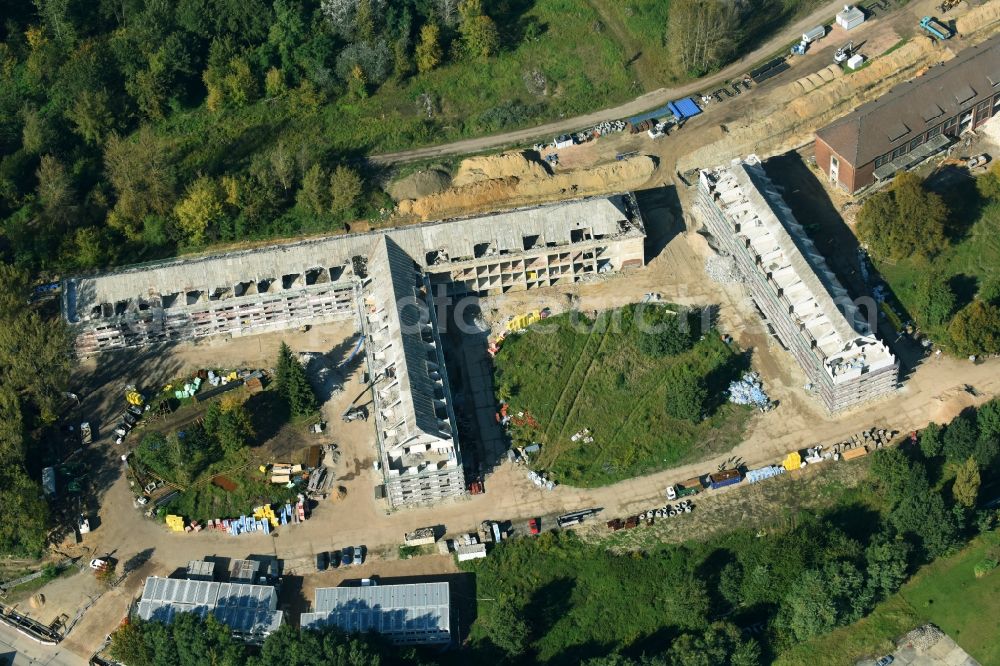 Bernau from above - Construction site for the renovation and reconstruction of the building complex of the former military barracks Sanierungsgebiet Panke-Park on Schoenfelder Weg in Bernau in the state Brandenburg, Germany