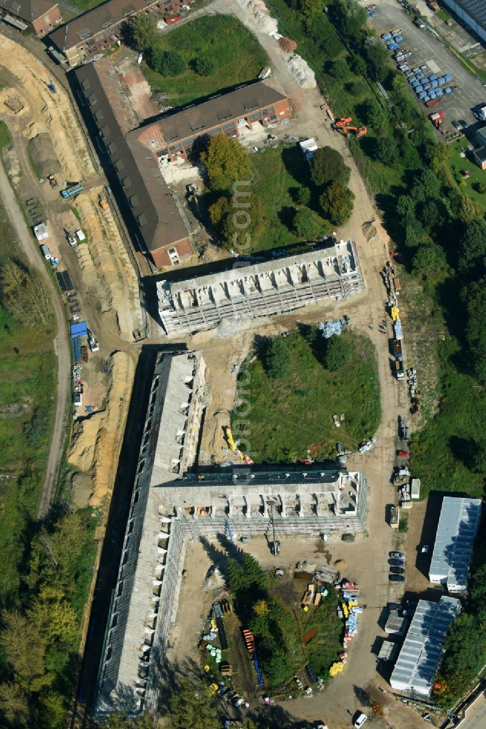 Bernau from above - Construction site for the renovation and reconstruction of the building complex of the former military barracks Sanierungsgebiet Panke-Park on Schoenfelder Weg in Bernau in the state Brandenburg, Germany