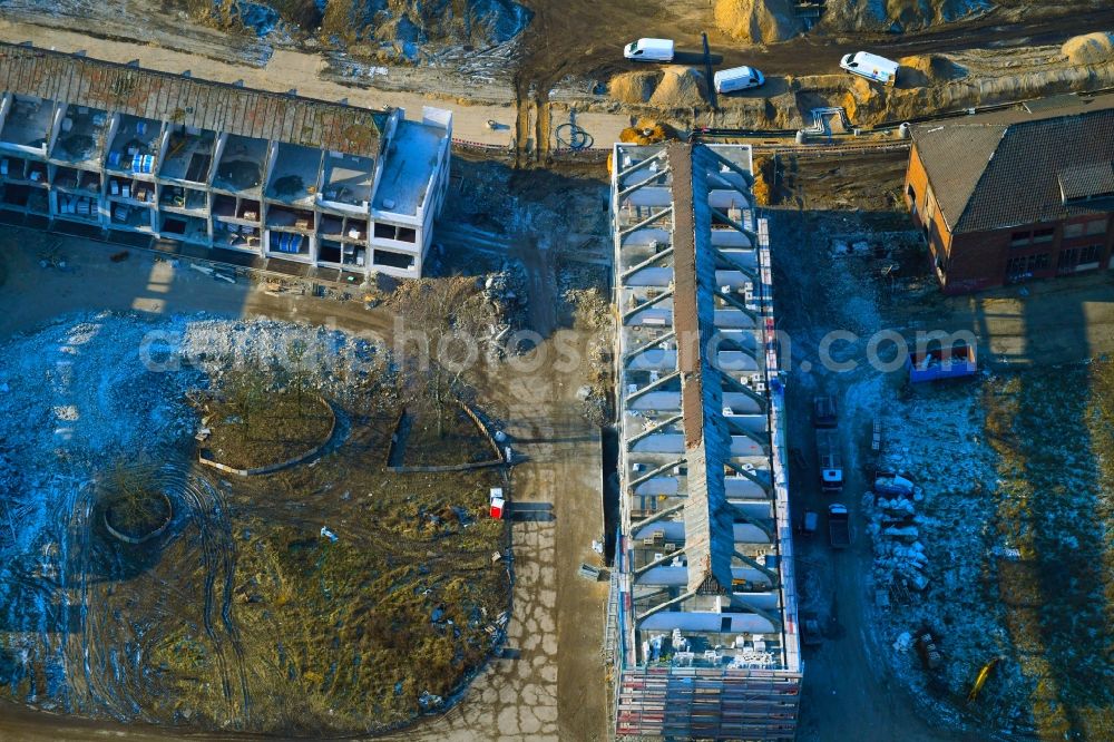 Aerial photograph Bernau - Construction site for the renovation and reconstruction of the building complex of the former military barracks Sanierungsgebiet Panke-Park on Schoenfelder Weg in Bernau in the state Brandenburg, Germany