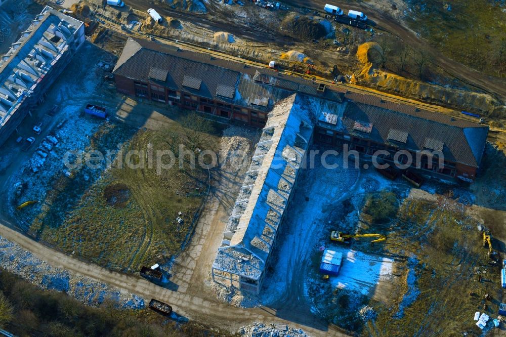 Bernau from above - Construction site for the renovation and reconstruction of the building complex of the former military barracks Sanierungsgebiet Panke-Park on Schoenfelder Weg in Bernau in the state Brandenburg, Germany