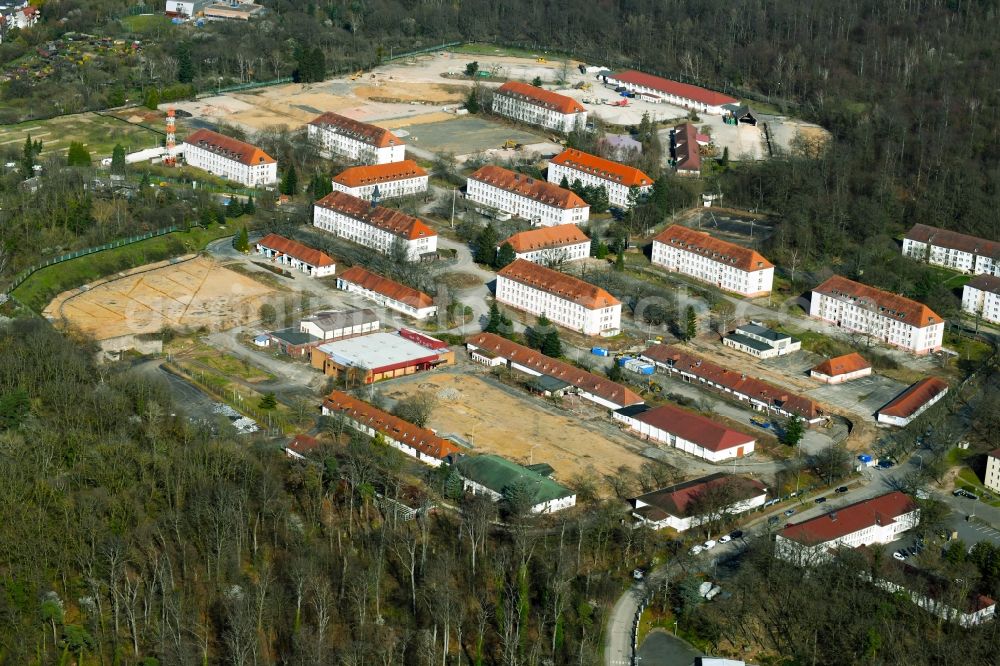 Darmstadt from the bird's eye view: Construction site for the renovation and conversion of the building complex of the personal military barracks conversion Darmstadt Sued / Cambrai-Fritsch barracks and Jefferson settlement in Darmstadt in the state Hesse, Germany