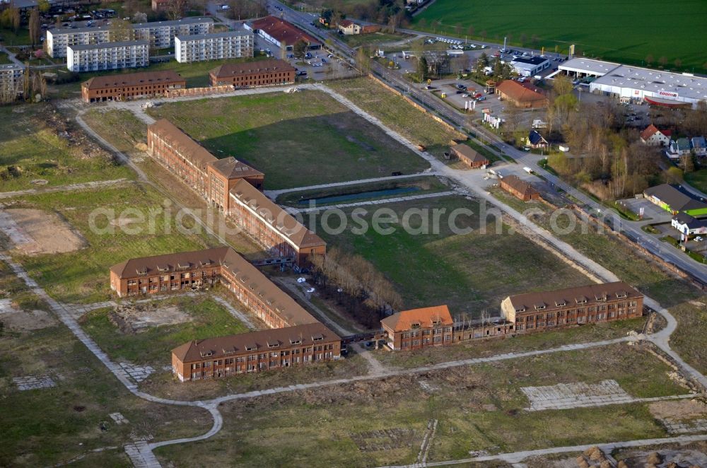 Aerial image Bernau - Construction site for the renovation and reconstruction of the building complex of the former military barracks on Schwanbecker Chaussee in the district Lindow in Bernau in the state Brandenburg, Germany