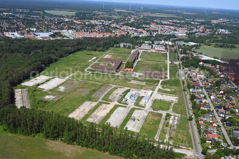 Bernau from above - Construction site for the renovation and reconstruction of the building complex of the former military barracks on Schwanbecker Chaussee in the district Lindow in Bernau in the state Brandenburg, Germany