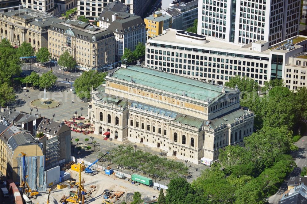 Aerial image Frankfurt am Main - Old Opera at Opera Square in the district of downtown in Frankfurt on the Main in the state the Hesse. The building was designed by architect Richard Lucae and after the death of Albrecht Becker and Edgar Giesenberg completed. The former opera house is now used as a concert hall and event center