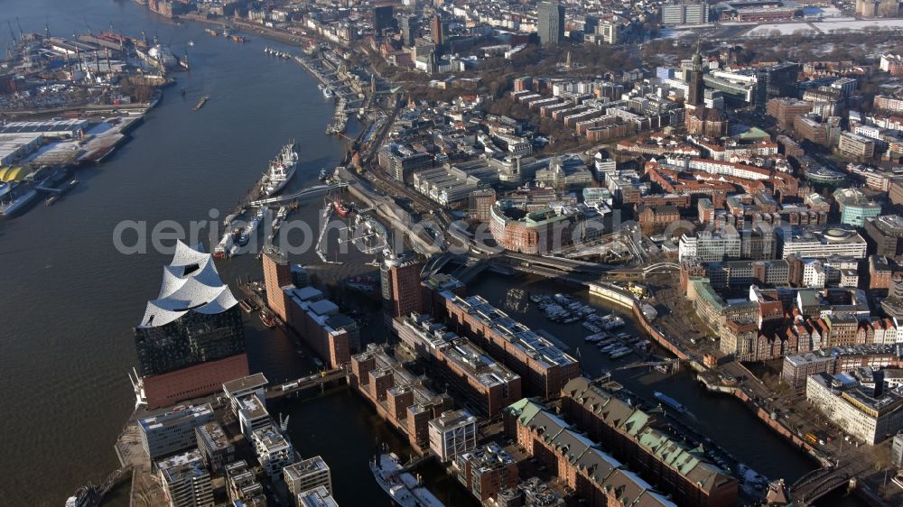 Hamburg from above - The Elbe Philharmonic Hall on the river bank of the Elbe in Hamburg