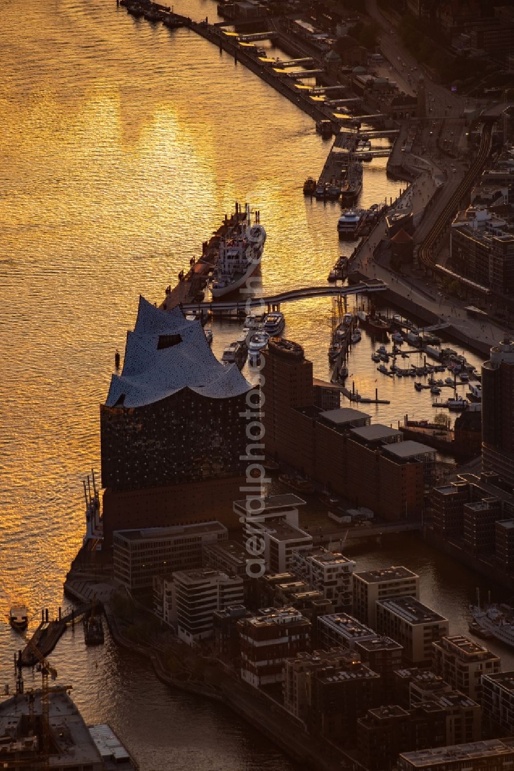 Aerial photograph Hamburg - Elbphilharmonie concert hall at sunset in the Hafencity in Hamburg, Germany