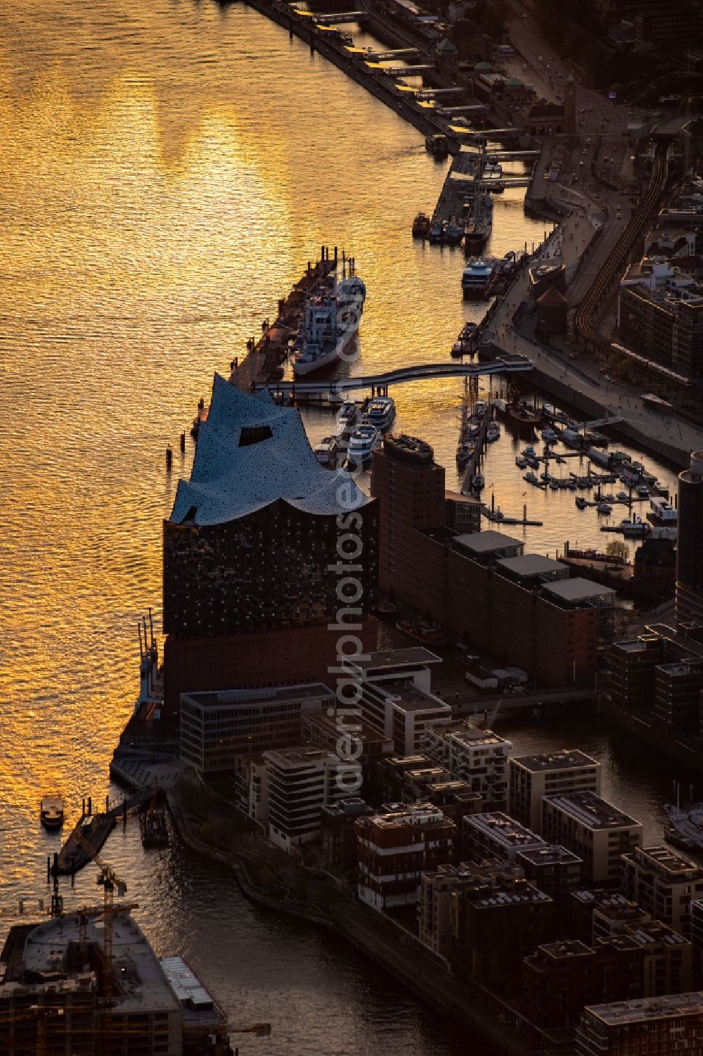 Hamburg from above - Elbphilharmonie concert hall at sunset in the Hafencity in Hamburg, Germany