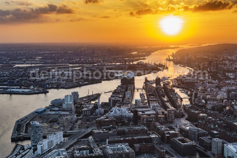 Hamburg from above - The Elbe Philharmonic Hall at sunset on the river bank of the Elbe in Hamburg