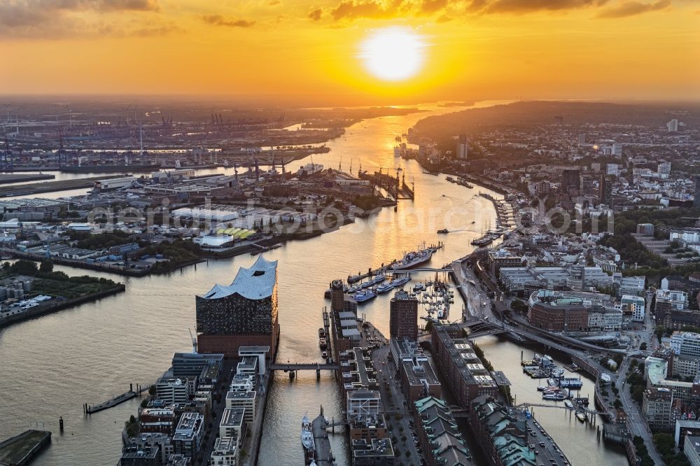 Aerial image Hamburg - The Elbe Philharmonic Hall at sunset on the river bank of the Elbe in Hamburg