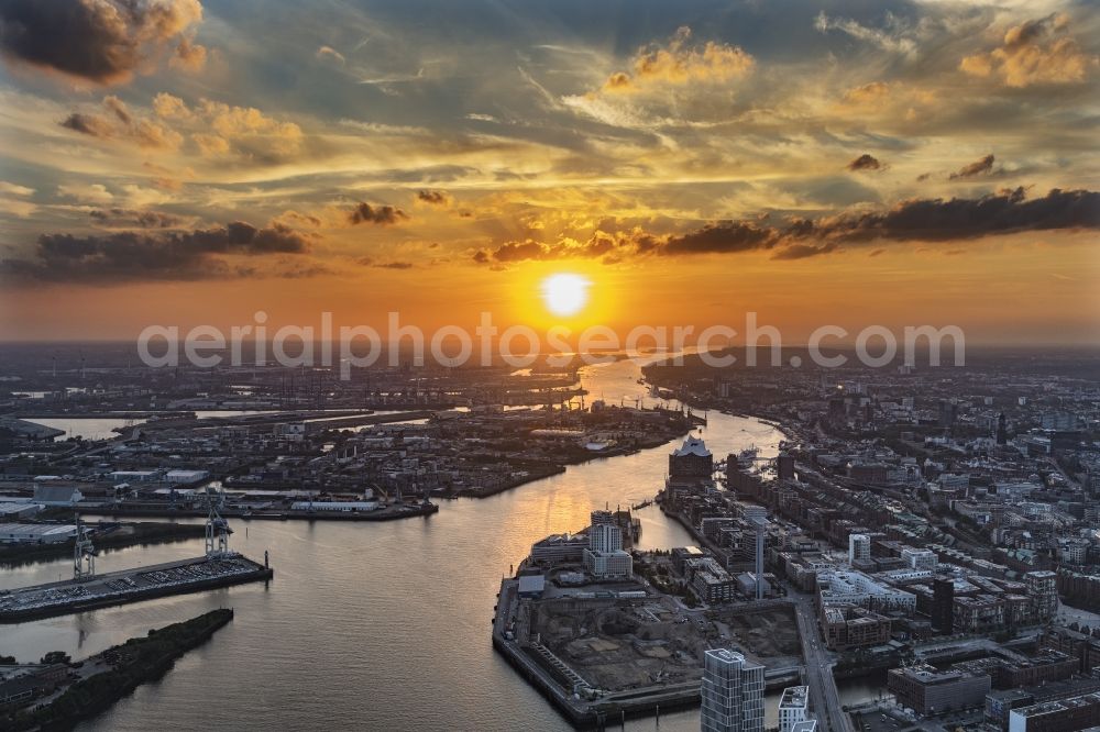 Hamburg from above - The Elbe Philharmonic Hall at sunset on the river bank of the Elbe in Hamburg