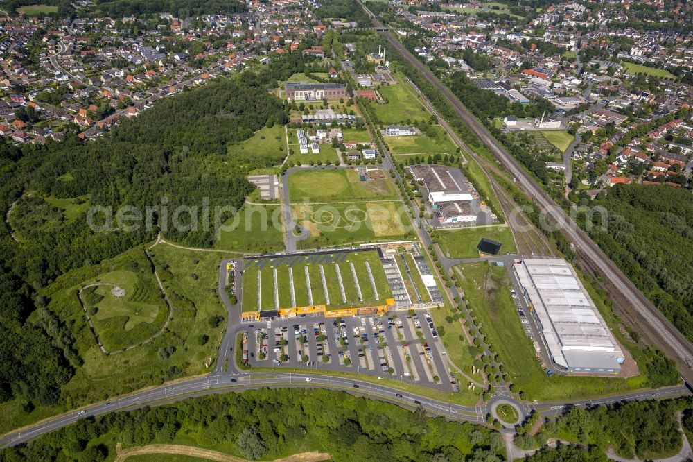 Hamm from above - Eco-Center Hamm with a big bike in a meadow behind the OBI store in Hamm in North Rhine-Westphalia