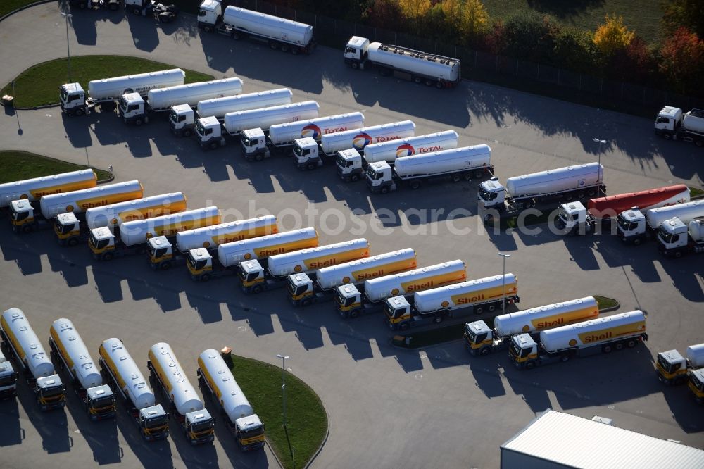 Aerial image Seefeld - Automotive parking- space with rows of parked truck tankers in Seefeld in Brandenburg