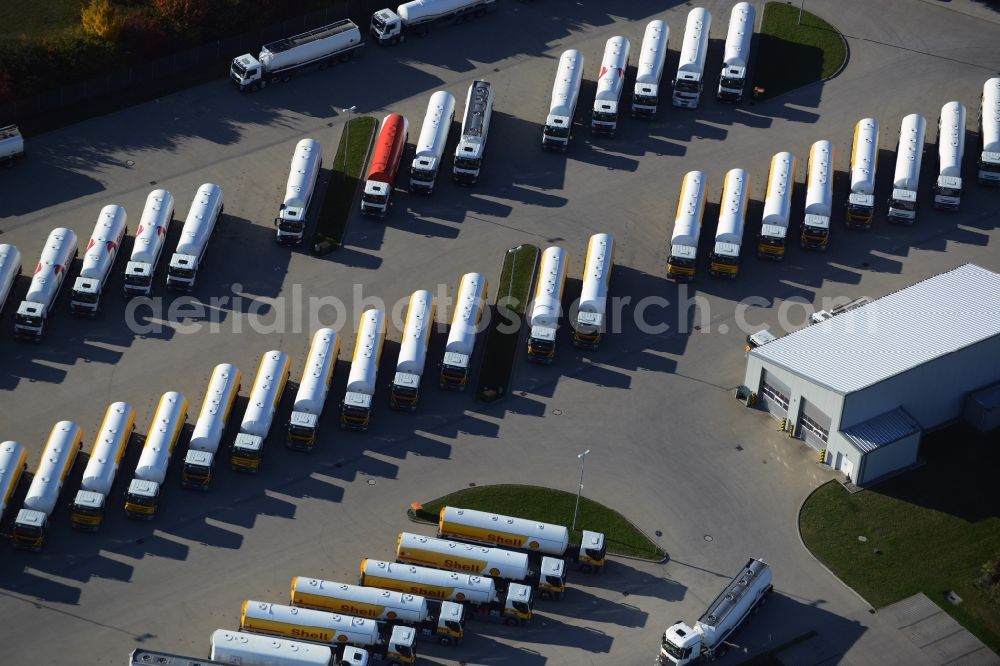 Seefeld from above - Automotive parking- space with rows of parked truck tankers in Seefeld in Brandenburg