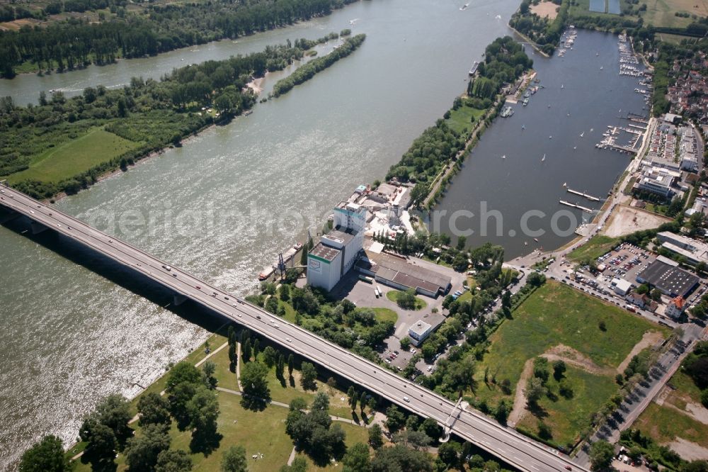 Wiesbaden from the bird's eye view: On the banks of the Rhine lying factory of the Raiffeisen Waren-Zentrale Rhein-Main eG. Production facility of feed with direct loading of the goods for sea transport. The plant is located in the district of Schierstein in Wiesbaden in Hesse