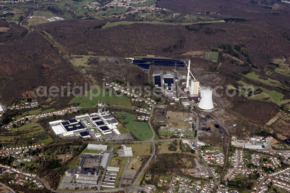 Bexbach from the bird's eye view: Blick auf das deutsche Steinkohlekraftwerk Bexbach im Saarland. Das Kraftwerk wird seit 1983 von der steag Saar Energie betrieben. View to the hard coal-fired power station Bexbach in the Saarland. The power station is prosecuted since 1983 from the steag Saar Energie.