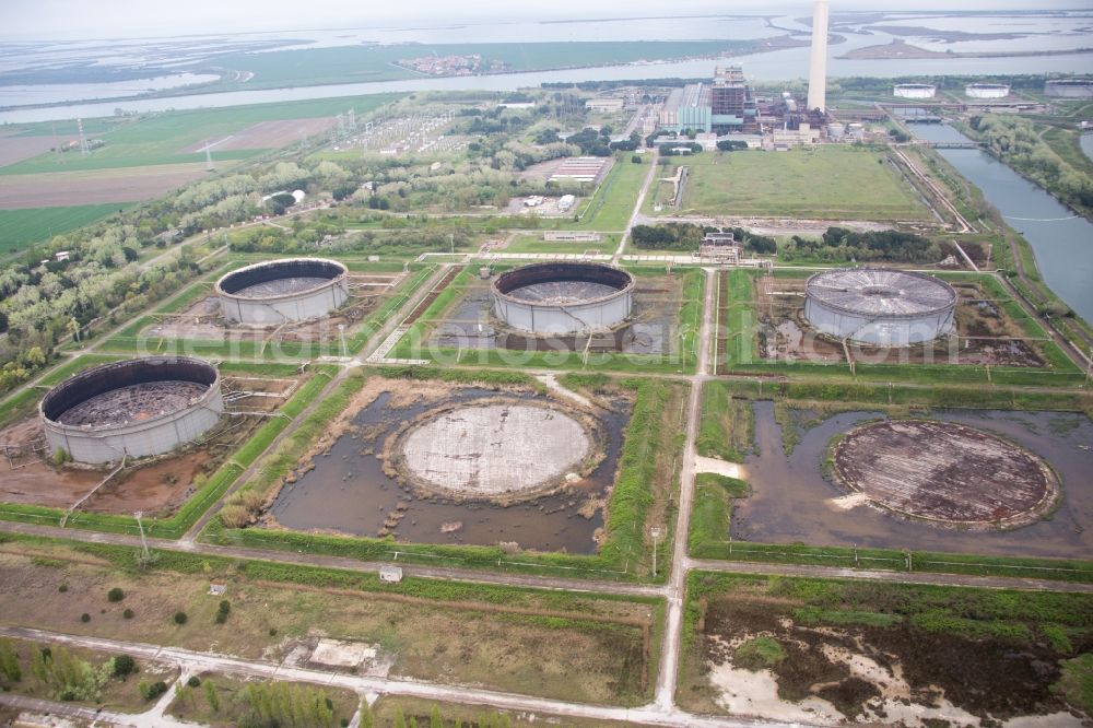 Aerial photograph Centrale Enel - Power plants and exhaust towers of electrical power station at the mouth of river Po in Centrale Enel in Veneto, Italy