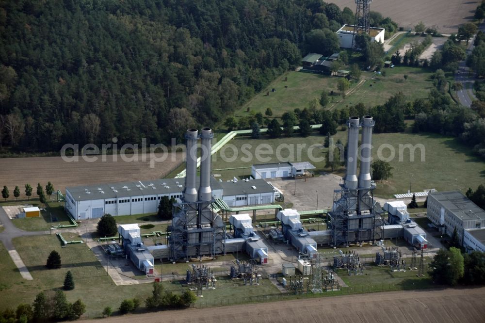 Ahrensfelde from the bird's eye view: Power plants and exhaust towers of the Gasturbinenkraftwerk Ahrensfelde in Ahrensfelde in the state Brandenburg