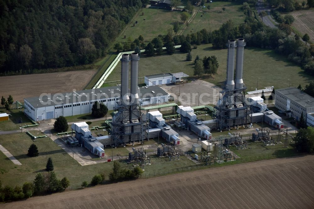 Aerial image Ahrensfelde - Power plants and exhaust towers of the Gasturbinenkraftwerk Ahrensfelde in Ahrensfelde in the state Brandenburg