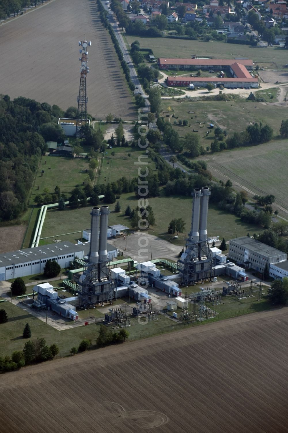 Aerial photograph Ahrensfelde - Power plants and exhaust towers of the Gasturbinenkraftwerk Ahrensfelde in Ahrensfelde in the state Brandenburg