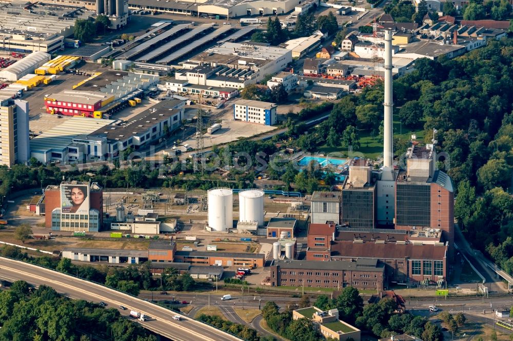 Karlsruhe from the bird's eye view: Power plants and exhaust towers of thermal power station Heizkraftwerk West in Karlsruhe in the state Baden-Wurttemberg, Germany