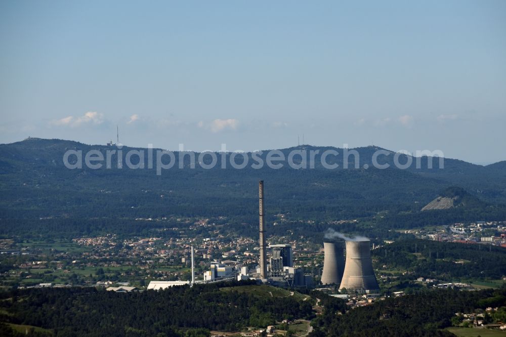 Beaurecueil from the bird's eye view: Power plants and exhaust towers of thermal power station in Beaurecueil in Provence-Alpes-Cote d'Azur, France