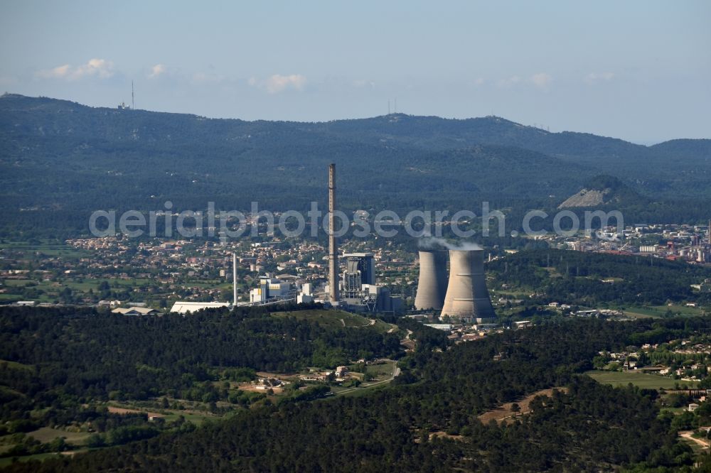 Aerial image Beaurecueil - Power plants and exhaust towers of thermal power station in Beaurecueil in Provence-Alpes-Cote d'Azur, France