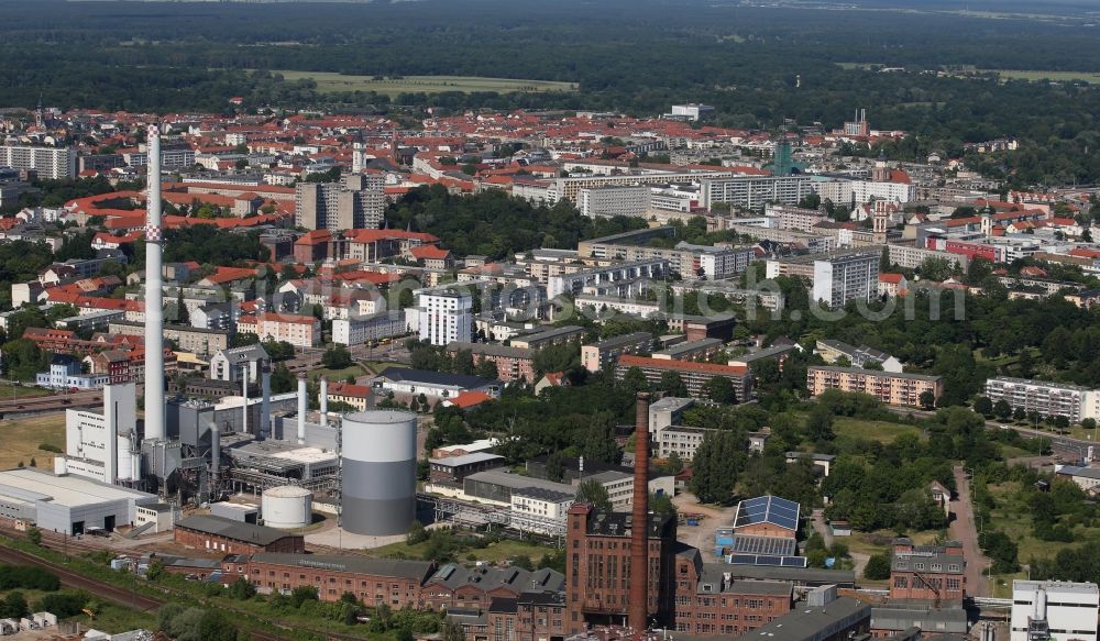 Dessau from above - Power plants and exhaust towers of thermal power station in Dessau in the state Saxony-Anhalt, Germany