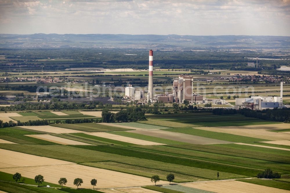 Aerial image Dürnrohr - Power plants and exhaust towers of the thermal power station in Duernrohr in Lower Austria, Austria. The power station is steam powerd and a thermic waste management site, surrounded by agricultural fields