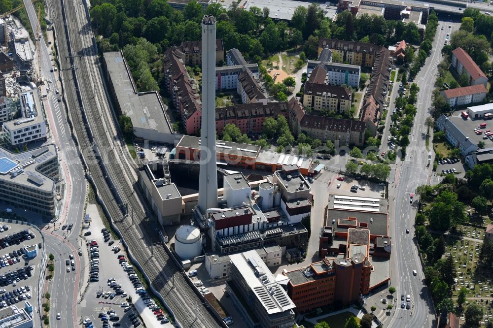 Erlangen from above - Power plants and exhaust towers of thermal power station of Erlanger Stadtwerke AG Aeussere Brucker in Erlangen in the state Bavaria, Germany