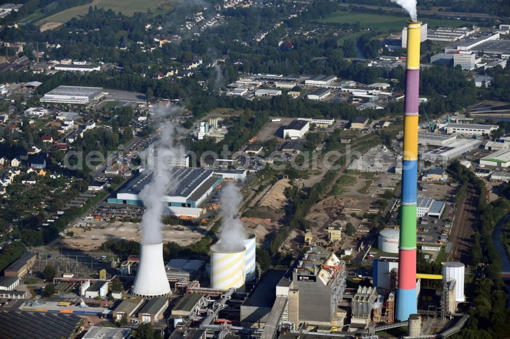 Chemnitz from above - Power plants and exhaust towers of thermal power station Heizkraftwerk Chemnitz of the eins energie in sachsen GmbH & Co. KG in Chemnitz in the state Saxony