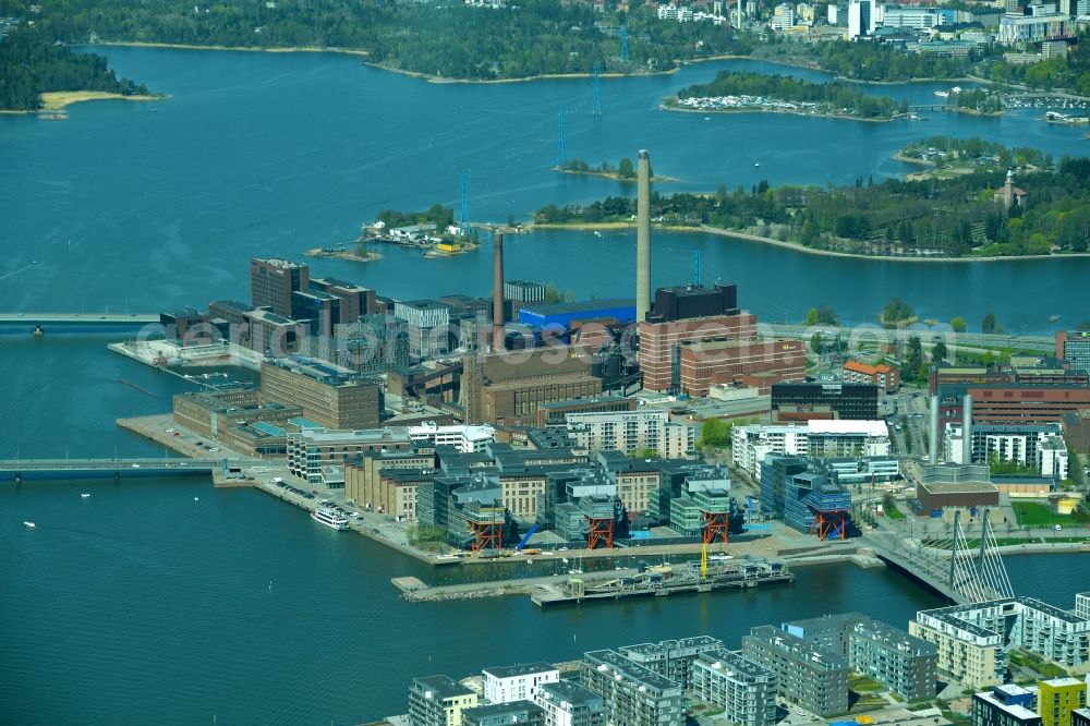 Aerial image Helsinki - Helsingfors - Power plants and exhaust towers of thermal power station Helen Ab, Sundholmen in Helsinki - Helsingfors in Helsinki, Finland