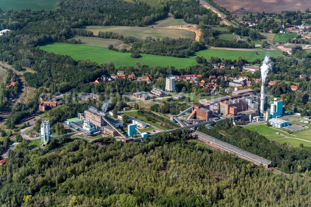 Deuben from the bird's eye view: Power plants and exhaust towers of thermal power station Industriekraftwerk Deuben in Deuben in the state Saxony-Anhalt, Germany