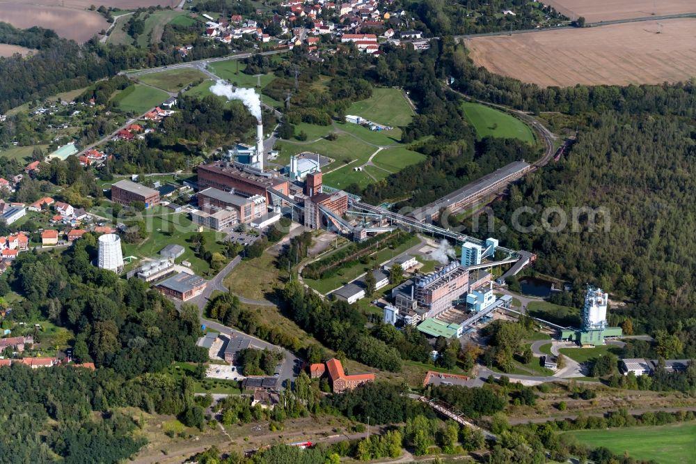 Deuben from the bird's eye view: Power plants and exhaust towers of thermal power station Industriekraftwerk Deuben in Deuben in the state Saxony-Anhalt, Germany