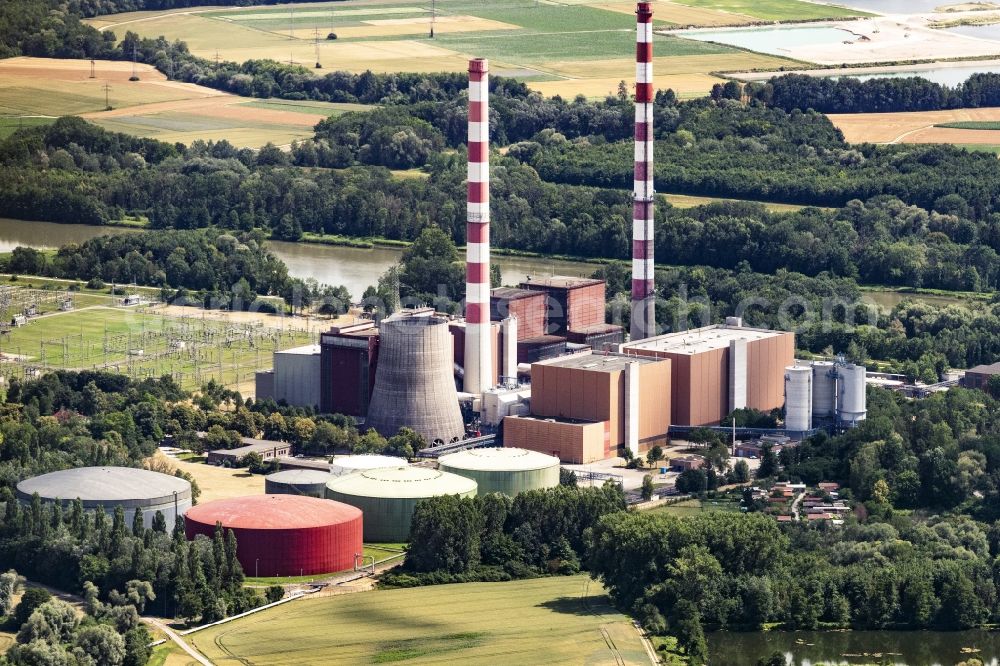 Großmehring from above - Power plants and exhaust towers of thermal power station Ingolstadt in Grossmehring in the state Bavaria, Germany