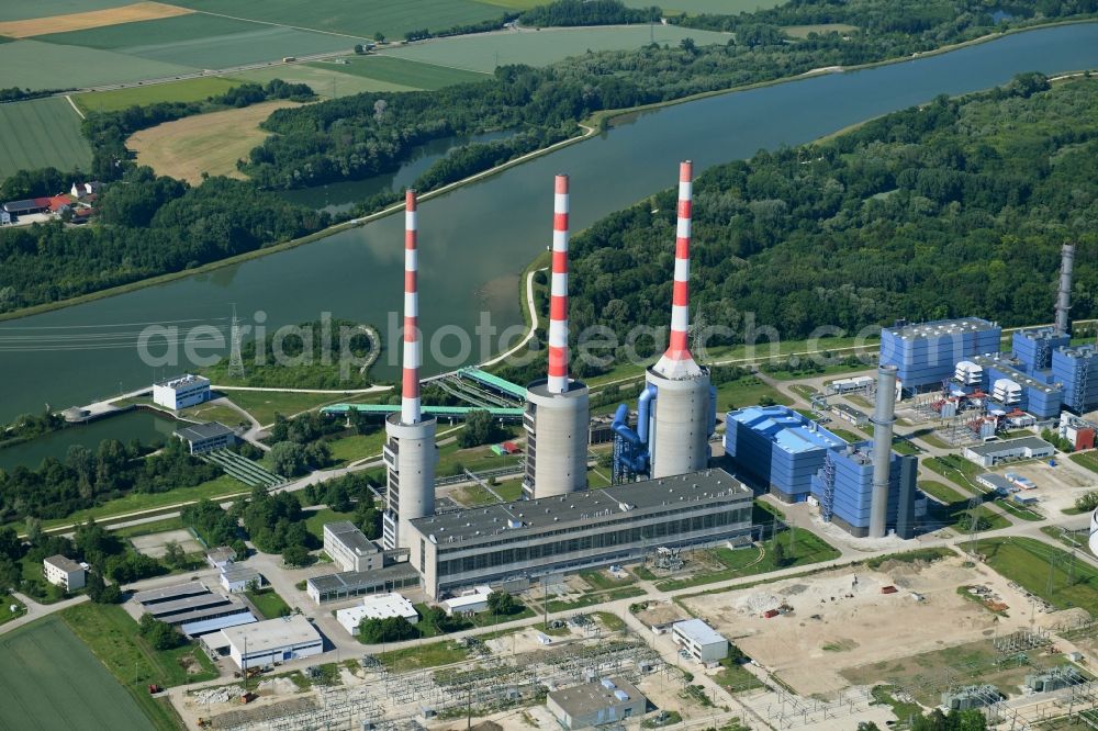 Irsching from above - Power plants and exhaust towers of thermal power station Irsching of Uniper SE on Paarstrasse in Irsching in the state Bavaria, Germany