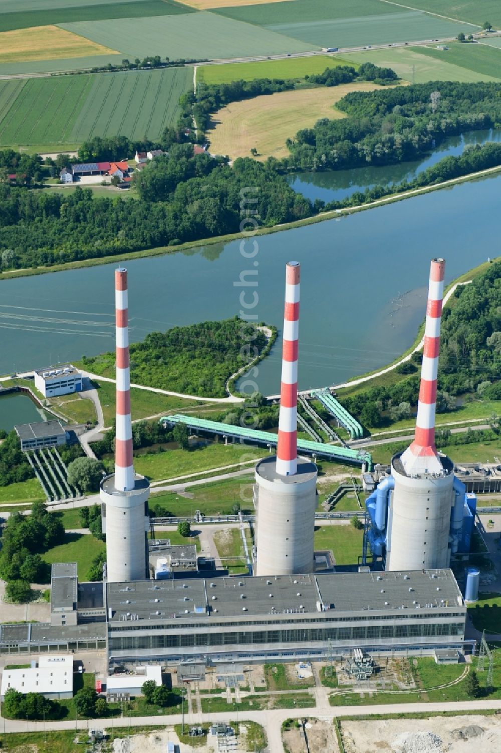 Irsching from the bird's eye view: Power plants and exhaust towers of thermal power station Irsching of Uniper SE on Paarstrasse in Irsching in the state Bavaria, Germany