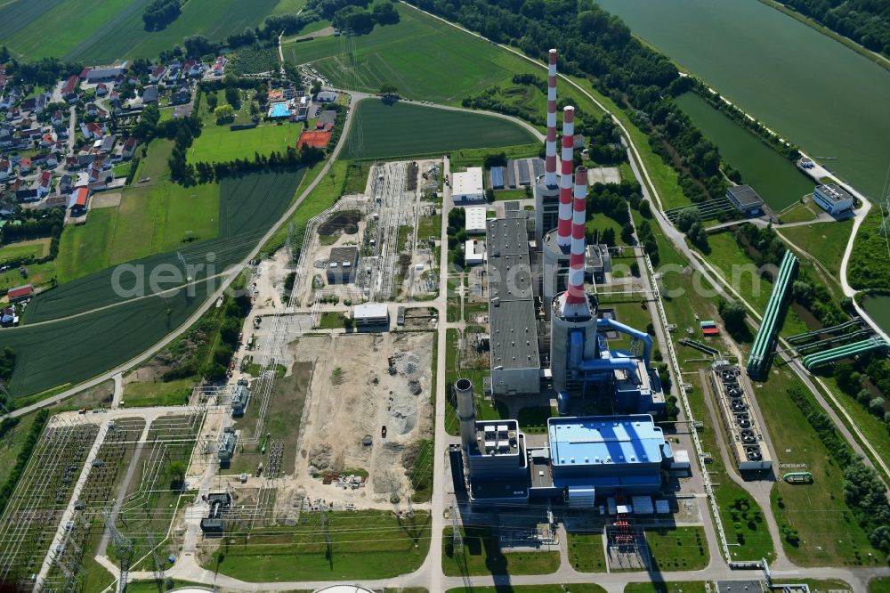 Irsching from above - Power plants and exhaust towers of thermal power station Irsching of Uniper SE on Paarstrasse in Irsching in the state Bavaria, Germany