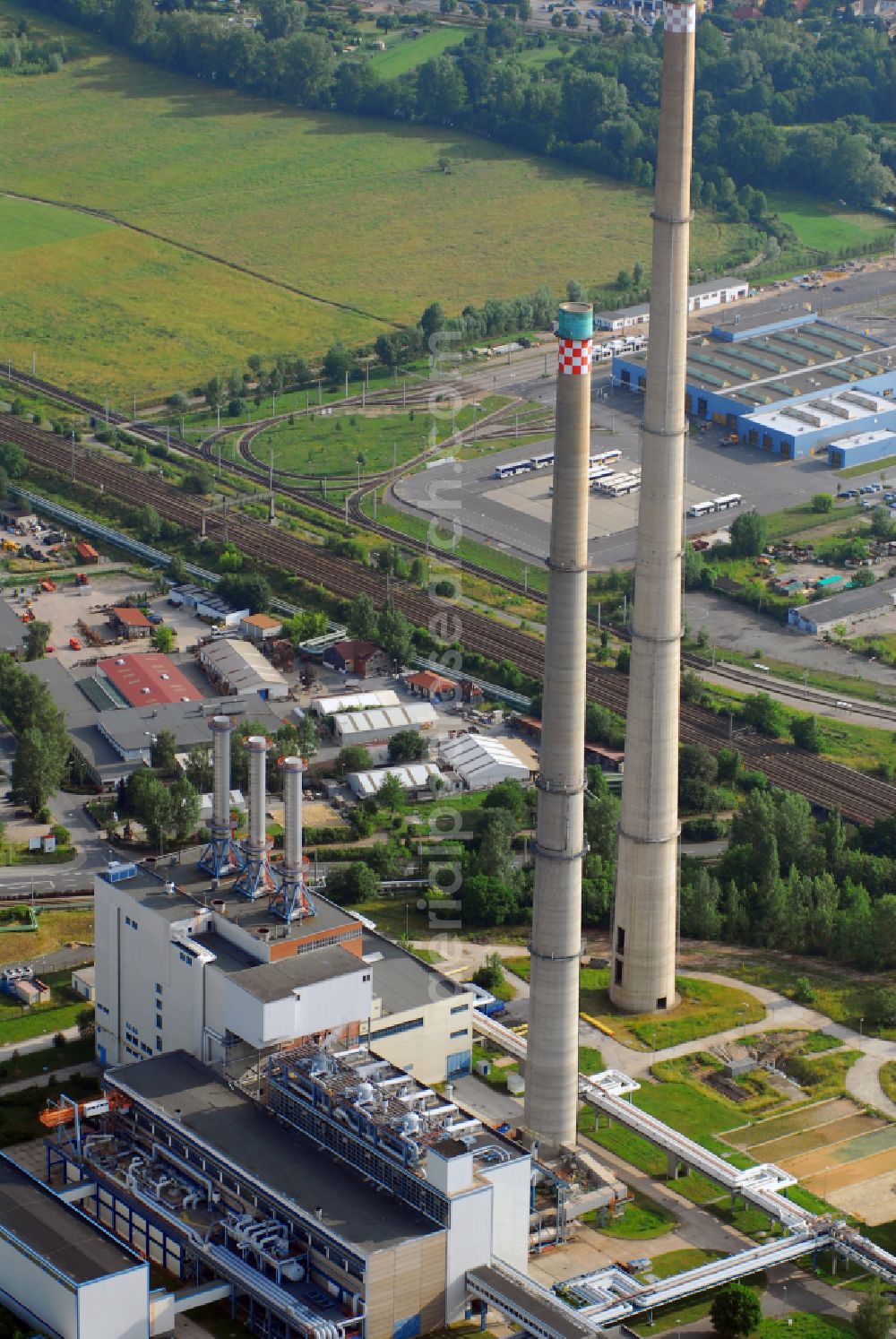 Jena from above - Power plants and exhaust towers of thermal power station Am Kraftwerk in the district Winzerla in Jena in the state Thuringia, Germany