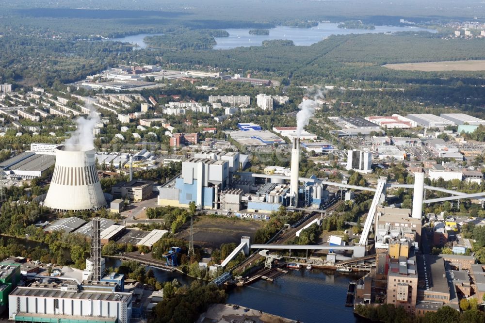 Berlin from the bird's eye view: Power plants and exhaust towers of thermal power station - Kraftwerk Reuter West Grosser Spreering in Berlin