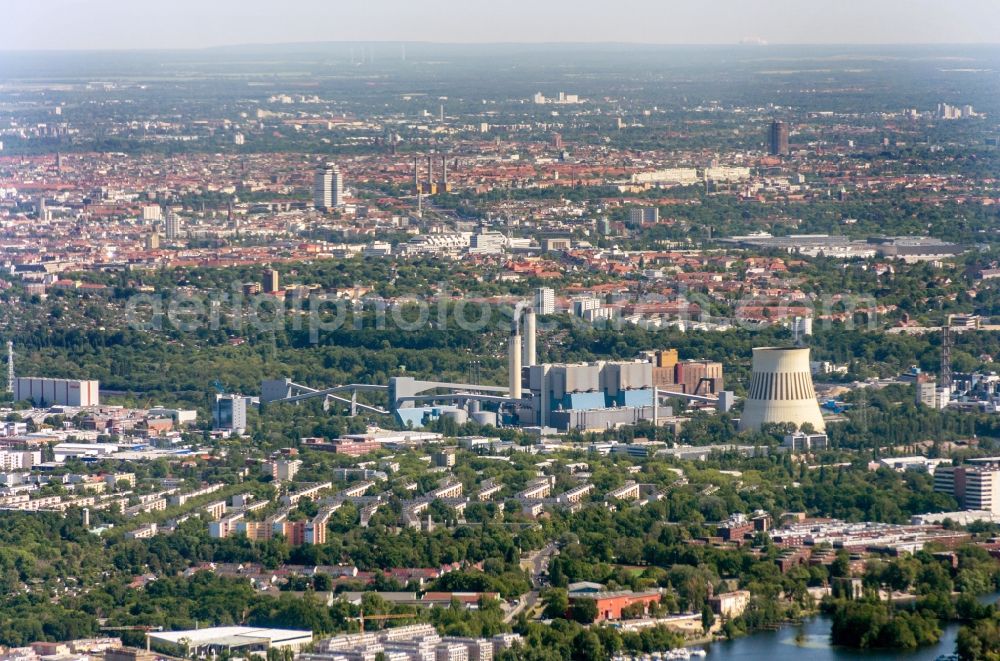 Berlin from the bird's eye view: Power plants and exhaust gas towers of the thermal power plant - Kraftwerk Reuter West Grosser Spreering in Berlin, Germany