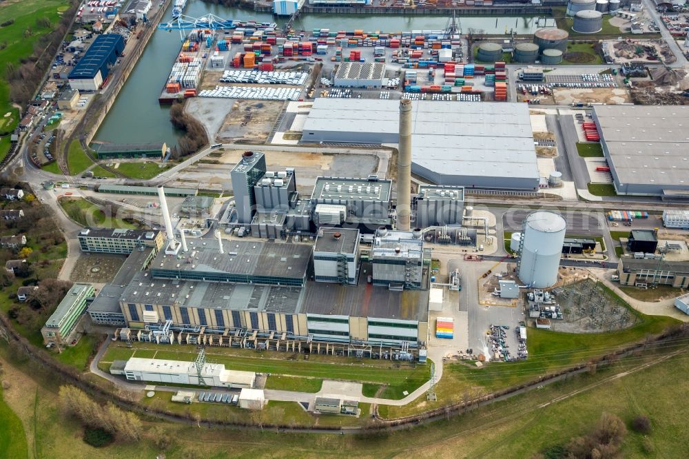 Aerial photograph Düsseldorf - Power plants and exhaust towers of thermal power station Lausward of Stadtwerke Duesseldorf AG in Duesseldorf in the state North Rhine-Westphalia