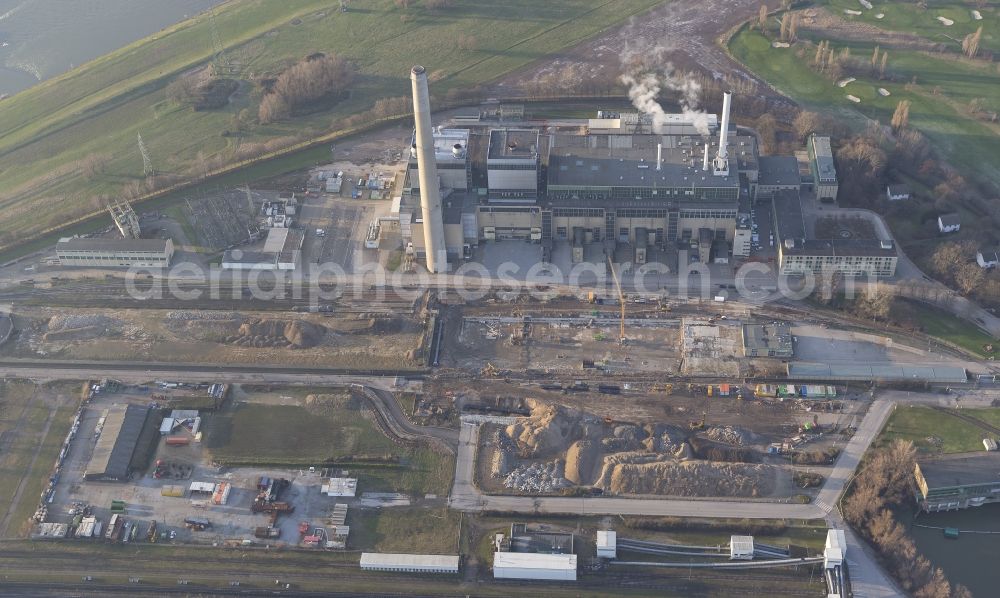 Aerial photograph Düsseldorf - Power plants and exhaust towers of thermal power station Lausward of Stadtwerke Duesseldorf AG in Duesseldorf in the state North Rhine-Westphalia